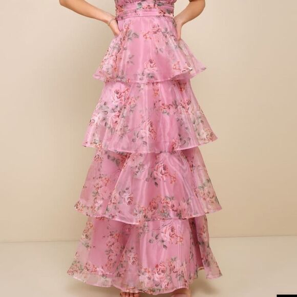 Lulu’s Garden Radiance Pink Floral Print Organza Tiered Maxi Dress - Picture 3 of 5